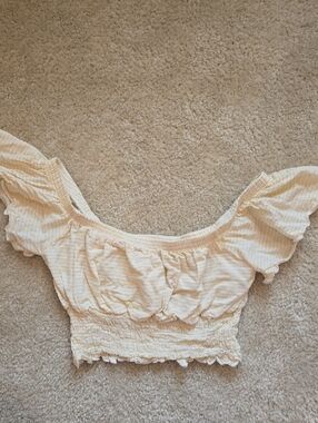 Forever 21 Cream Striped Off-Shoulder Smocked Crop Top